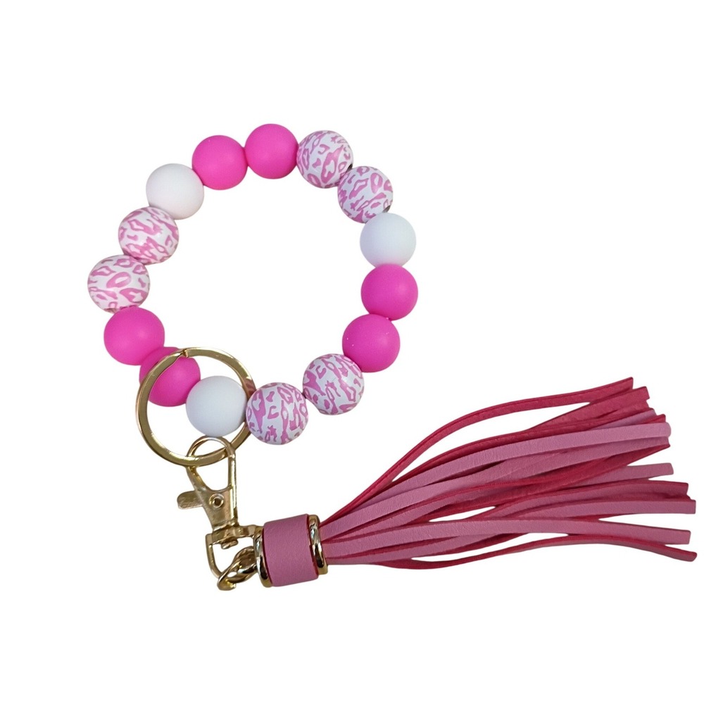 Pink Leopard Silicone Bead Keychain Wristlet‎ Tassel Bracelet Key Ring Gold Tone